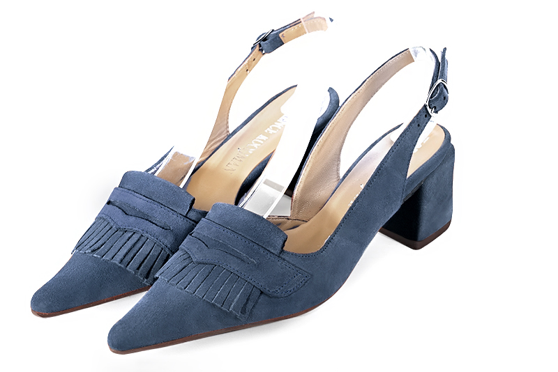 Denim blue women's slingback shoes. Pointed toe. Medium block heels. Front view - Florence KOOIJMAN
